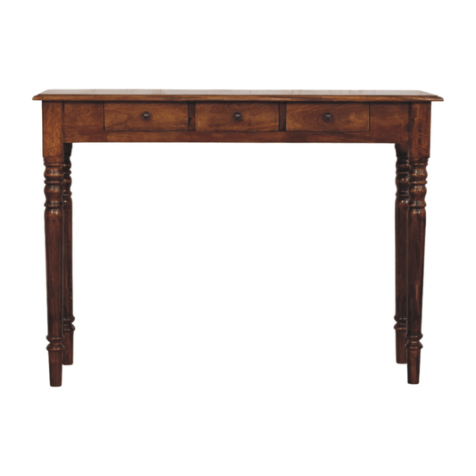 Artisan Furniture Solid Wood Turned Legs Chestnut Console, 3 Drawers, Dark Brown | Luxury Home Accessories | Heulog Glow