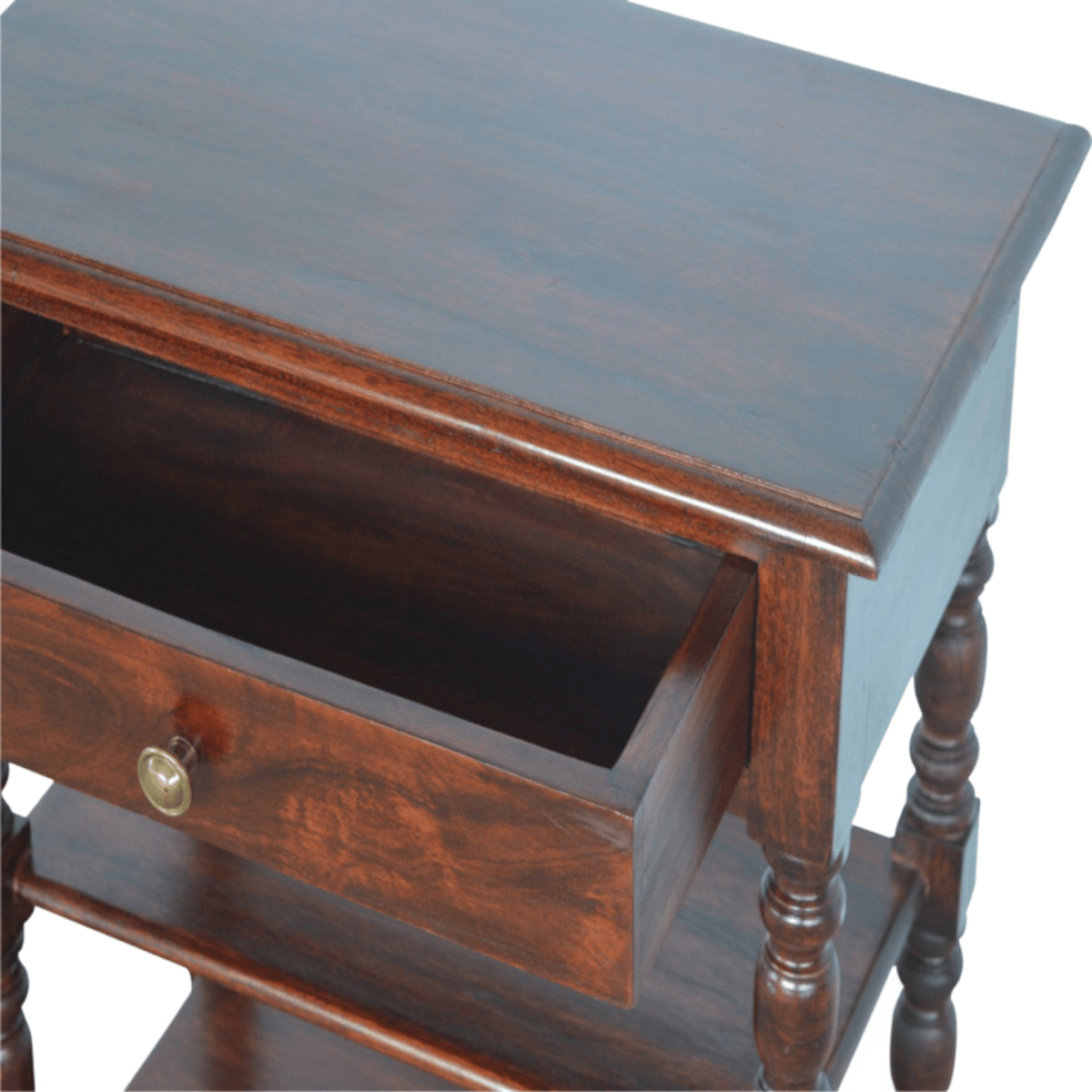 Artisan Furniture Solid Wood Turned Occasional Table, 1 Drawer and 2 Shelves, Dark Brown | Luxury Home Accessories | Heulog Glow