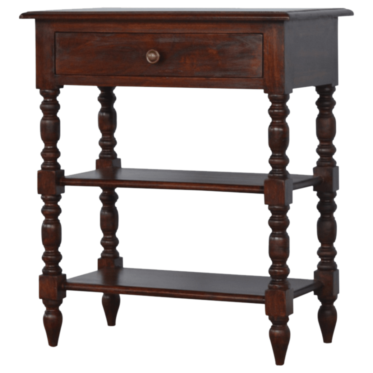 Artisan Furniture Solid Wood Turned Occasional Table, 1 Drawer and 2 Shelves, Dark Brown | Luxury Home Accessories | Heulog Glow