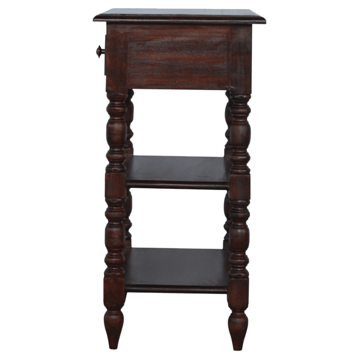 Artisan Furniture Solid Wood Turned Occasional Table, 1 Drawer and 2 Shelves, Dark Brown | Luxury Home Accessories | Heulog Glow