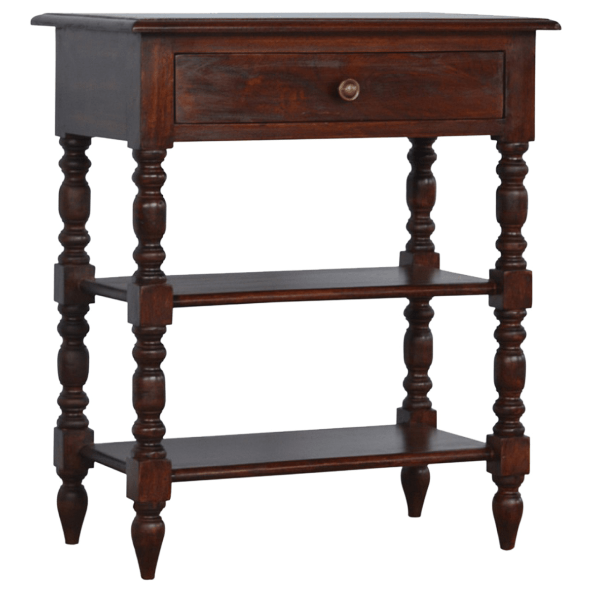 Artisan Furniture Solid Wood Turned Occasional Table, 1 Drawer and 2 Shelves, Dark Brown | Luxury Home Accessories | Heulog Glow