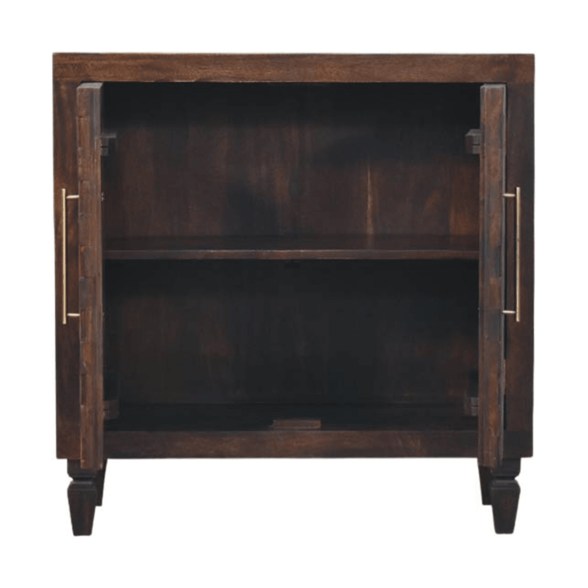 Artisan Furniture Solid Wood Vesta Textured Cabinet, 2 Doors, 2 Shelves, Dark Brown | Luxury Home Accessories | Heulog Glow