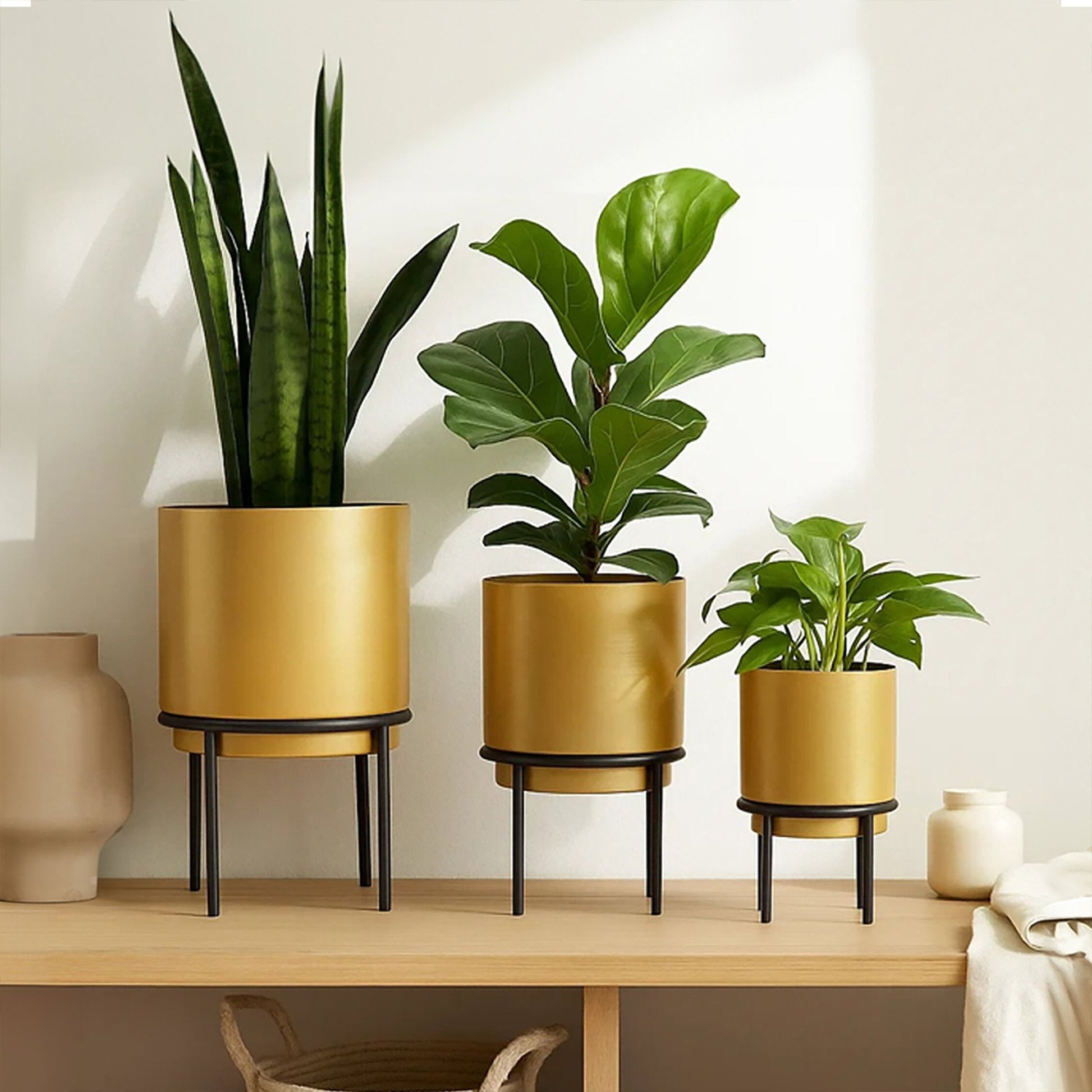 Avento Set Of Three Gold Finish Planters | Luxury Home Accessories | Heulog Glow