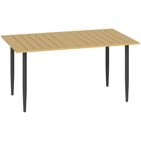 Outsunny Garden Dining Table for 6 Person, Rectangle Outdoor Coffee Table with 5 cm Parasol Hole, Slatted Tabletop and Steel Frame for Patio Balcony, Brown