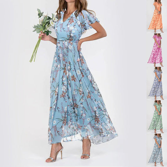 Flowers Print Short Sleeve Dress Summer Fashion Ruffle Beach Dresses Women's Clothing