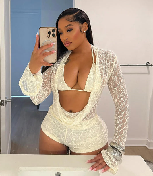 Women's Lace Hollow-out Halter Neck Camisole And Slim-fit Shorts Three-piece Set