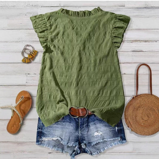 New Women's V-neck Ruffled Short-sleeve Blouse Loose-fit Figure-flattering Top With Lace Detailing