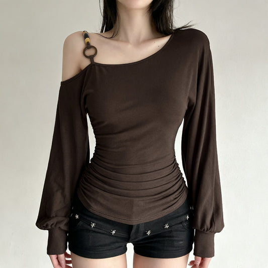 Vintage Off-shoulder Beaded-strapped Lantern-sleeve T-shirt