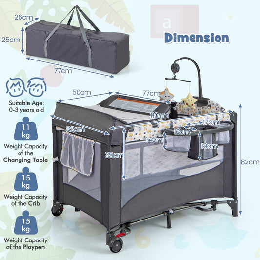 6-in-1 Baby Bed Travel Cot Foldable Playpen with Changing Table-Beige
