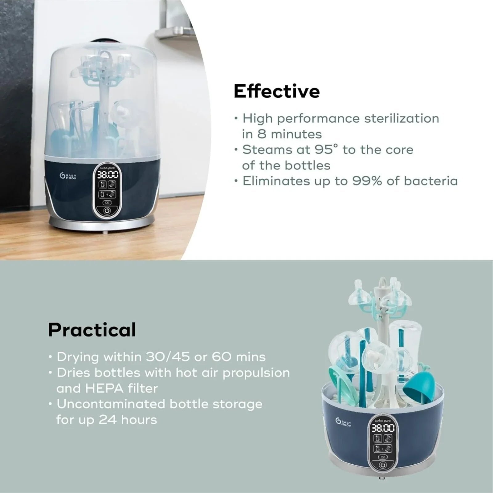 Babymoov Turbo Pure 3-in-1 Steriliser & Dryer & Purified Bottle Storage | Luxury Home Accessories | Heulog Glow