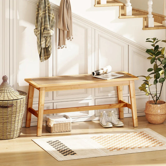 Bamboo Entryway Dining Bench with Handwoven Rattan Seat-Natural