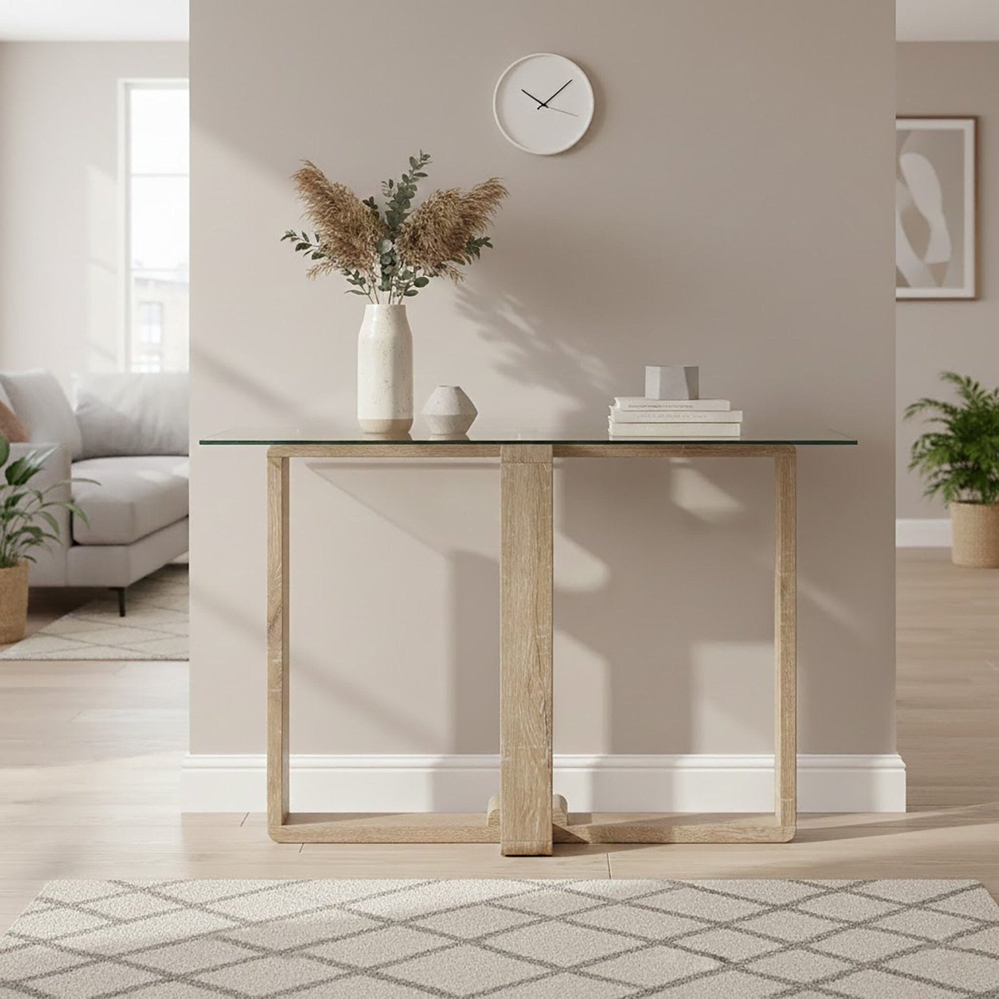 Barton Glass Console Table with Wood Effect Legs | Luxury Home Accessories | Heulog Glow