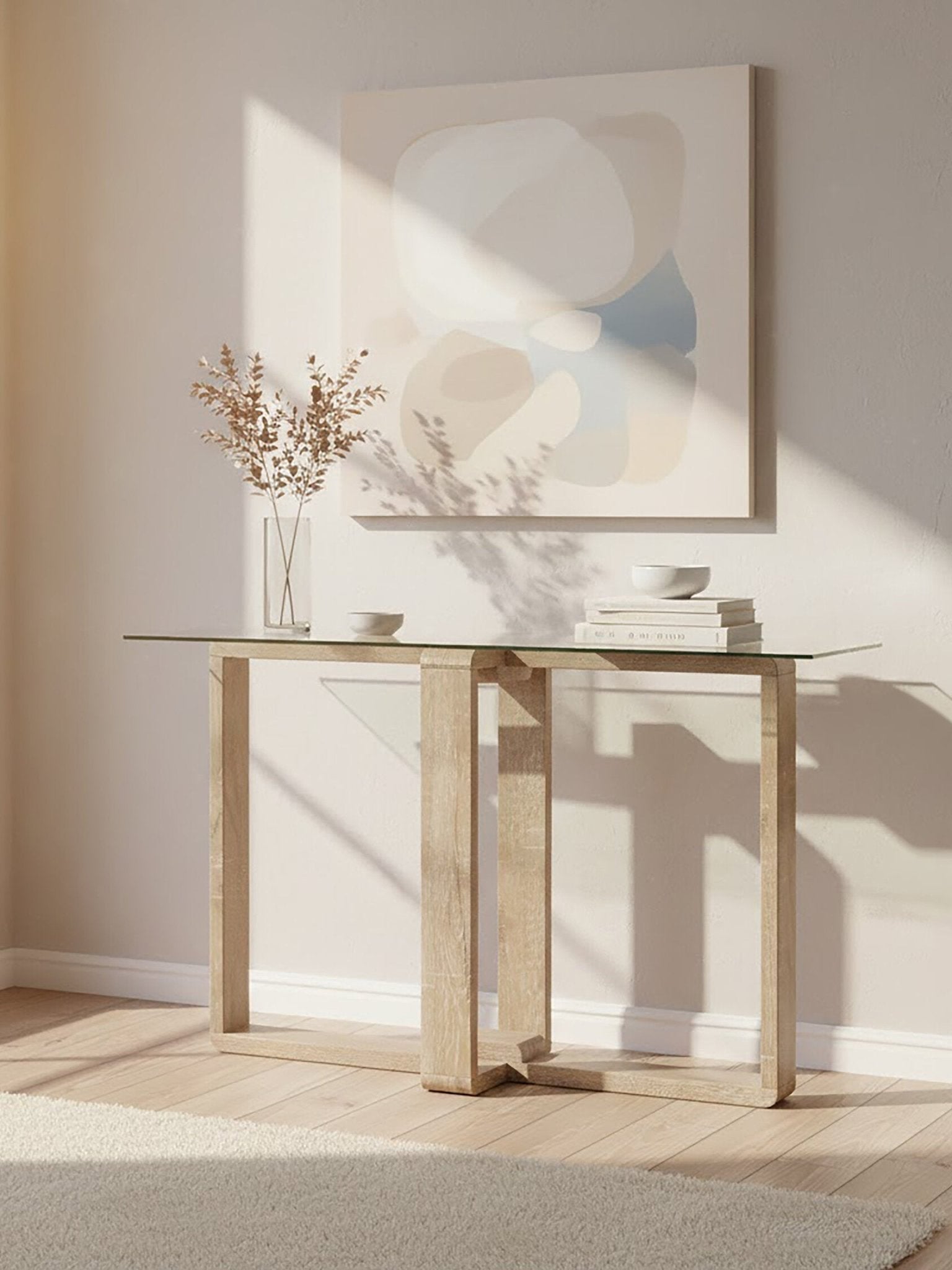Barton Glass Console Table with Wood Effect Legs | Luxury Home Accessories | Heulog Glow