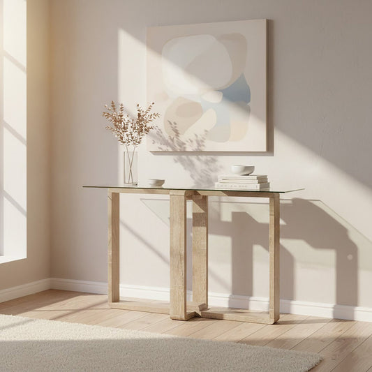 Barton Glass Console Table with Wood Effect Legs | Luxury Home Accessories | Heulog Glow