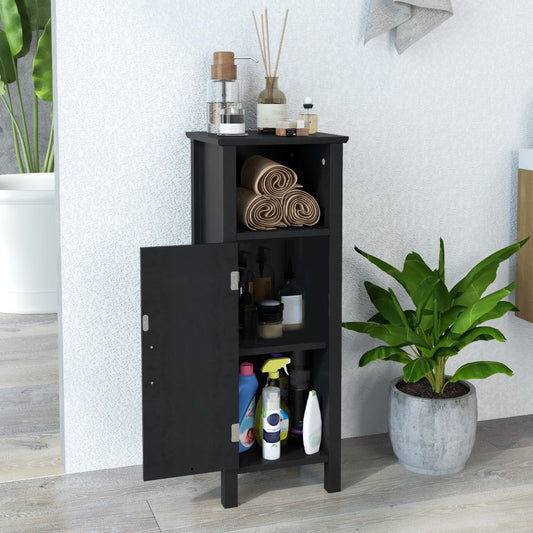 Freestanding Narrow Bathroom Storage Organizer Rack Stand with Door and Adjustable Shelf-Black