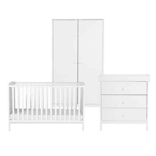 Bebe & Beyond Dreamer Cot Bed, Wardrobe & Changer Three Piece Nursery Furniture Set - White
