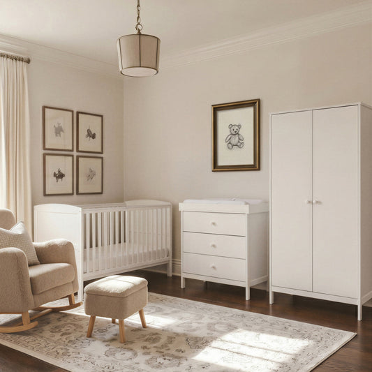 Bebe & Beyond Dreamer Cot Bed, Wardrobe & Changer Three Piece Nursery Furniture Set - White