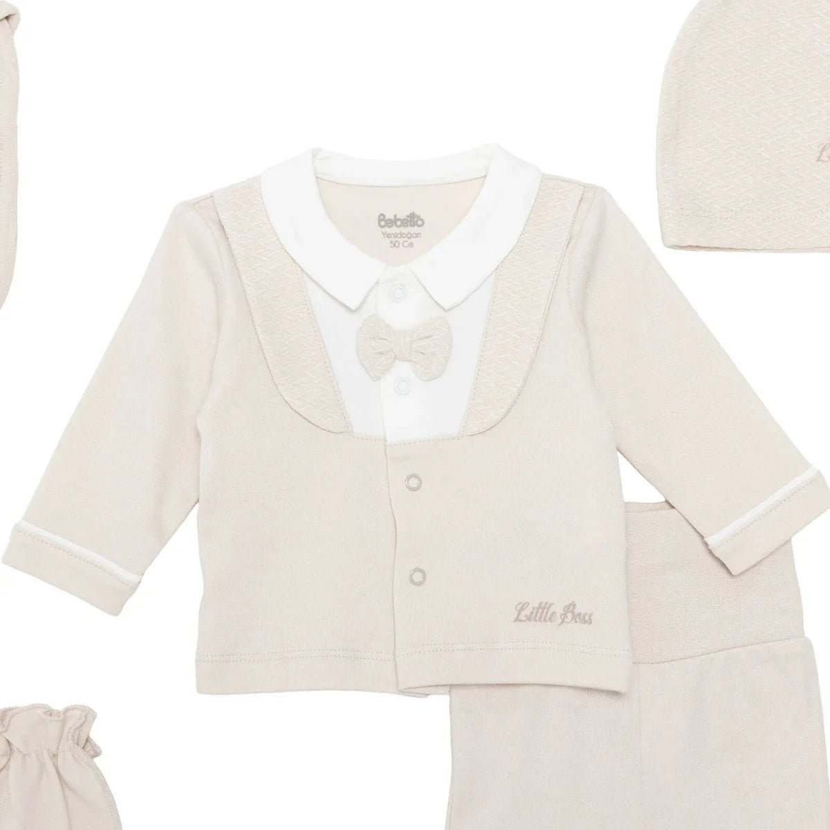 Bebetto Boys 5-Piece Newborn Hospital Set Snap Fastening Little Boss Shirt Collar Full Length Long S - Beige | Luxury Home Accessories | Heulog Glow