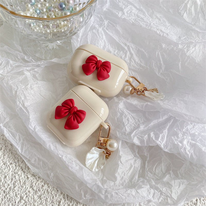 Beige Red Bow Shell Pendant Wireless Earphone Case | Luxury Home Accessories | Heulog Glow