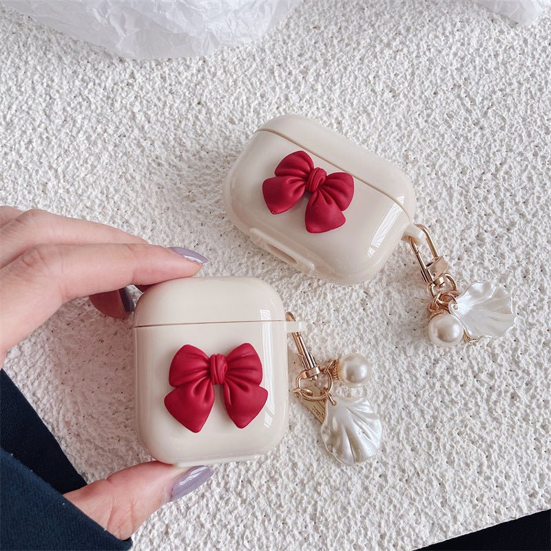 Beige Red Bow Shell Pendant Wireless Earphone Case | Luxury Home Accessories | Heulog Glow
