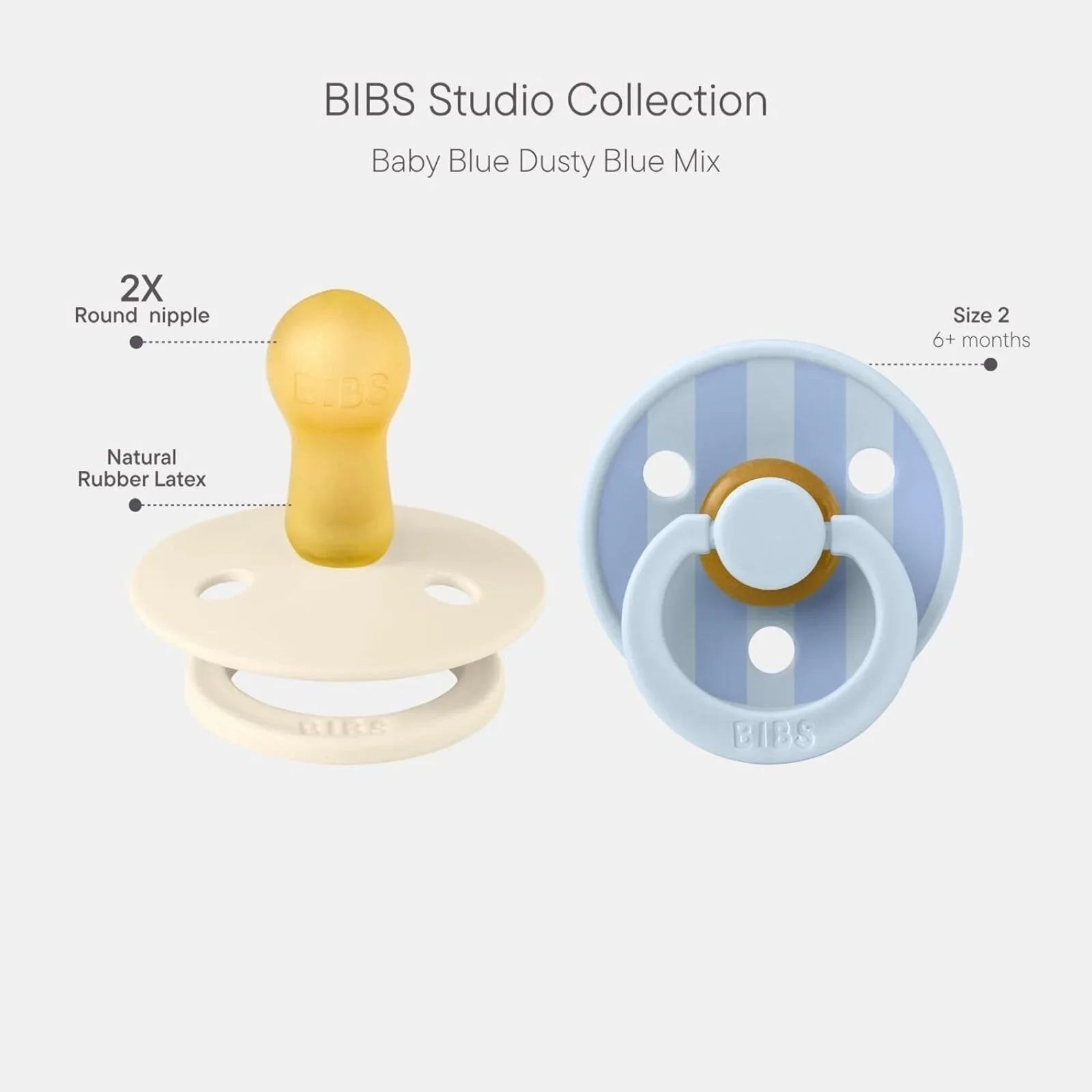BIBS Block Latex Soothers 6+ months Pack of 2 - Baby Blue & Dusty Blue | Luxury Home Accessories | Heulog Glow