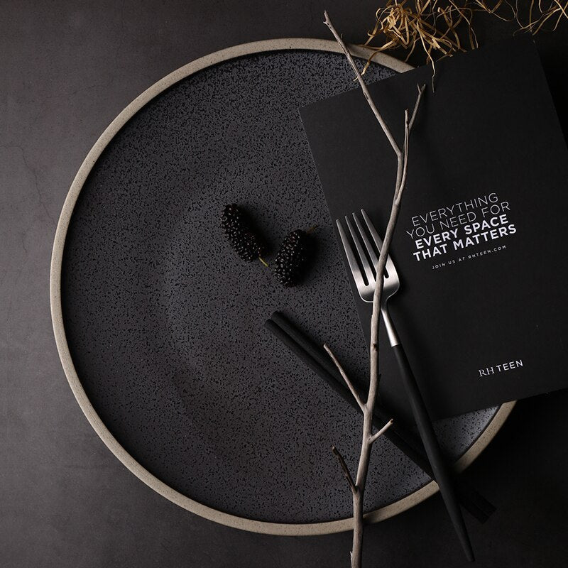 Black crystal large plate ceramic plate home dessert plate round flat plate | Luxury Home Accessories | Heulog Glow