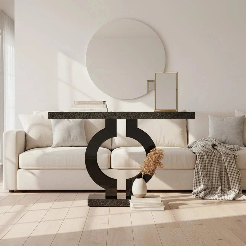 Black Marble-Effect Modern Console Table - Sculptural Entryway & Sofa Table | Luxury Home Accessories | Heulog Glow