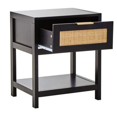 Black Wooden Bedside Table with Natural Rattan 1 Drawer | Sherman | Luxury Home Accessories | Heulog Glow