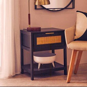 Black Wooden Bedside Table with Natural Rattan 1 Drawer | Sherman | Luxury Home Accessories | Heulog Glow