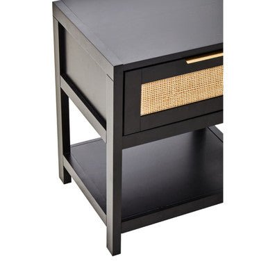 Black Wooden Bedside Table with Natural Rattan 1 Drawer | Sherman | Luxury Home Accessories | Heulog Glow