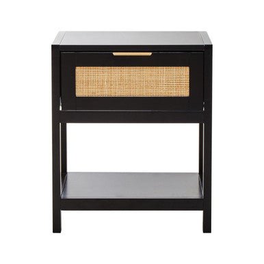 Black Wooden Bedside Table with Natural Rattan 1 Drawer | Sherman | Luxury Home Accessories | Heulog Glow