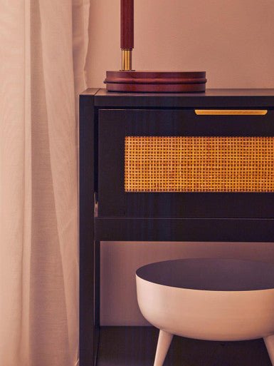 Black Wooden Bedside Table with Natural Rattan 1 Drawer | Sherman | Luxury Home Accessories | Heulog Glow