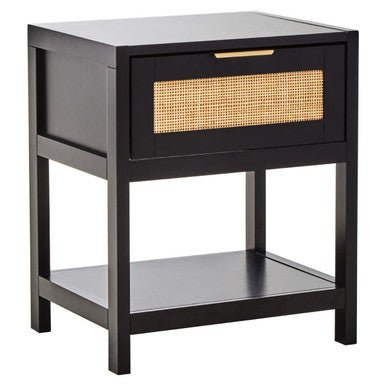 Black Wooden Bedside Table with Natural Rattan 1 Drawer | Sherman | Luxury Home Accessories | Heulog Glow