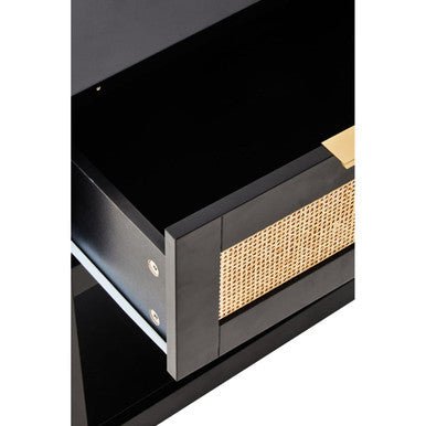Black Wooden Bedside Table with Natural Rattan 1 Drawer | Sherman | Luxury Home Accessories | Heulog Glow