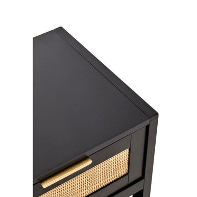 Black Wooden Bedside Table with Natural Rattan 1 Drawer | Sherman | Luxury Home Accessories | Heulog Glow