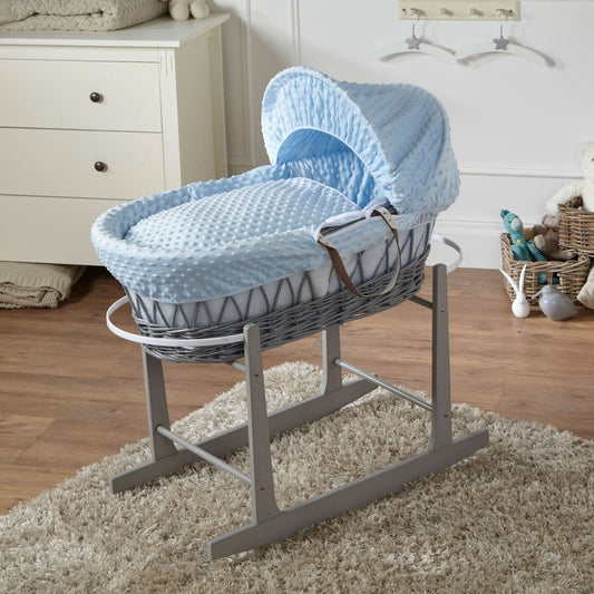 Blue Dimple Grey Wicker Baby Moses Basket With Stand | Luxury Home Accessories | Heulog Glow
