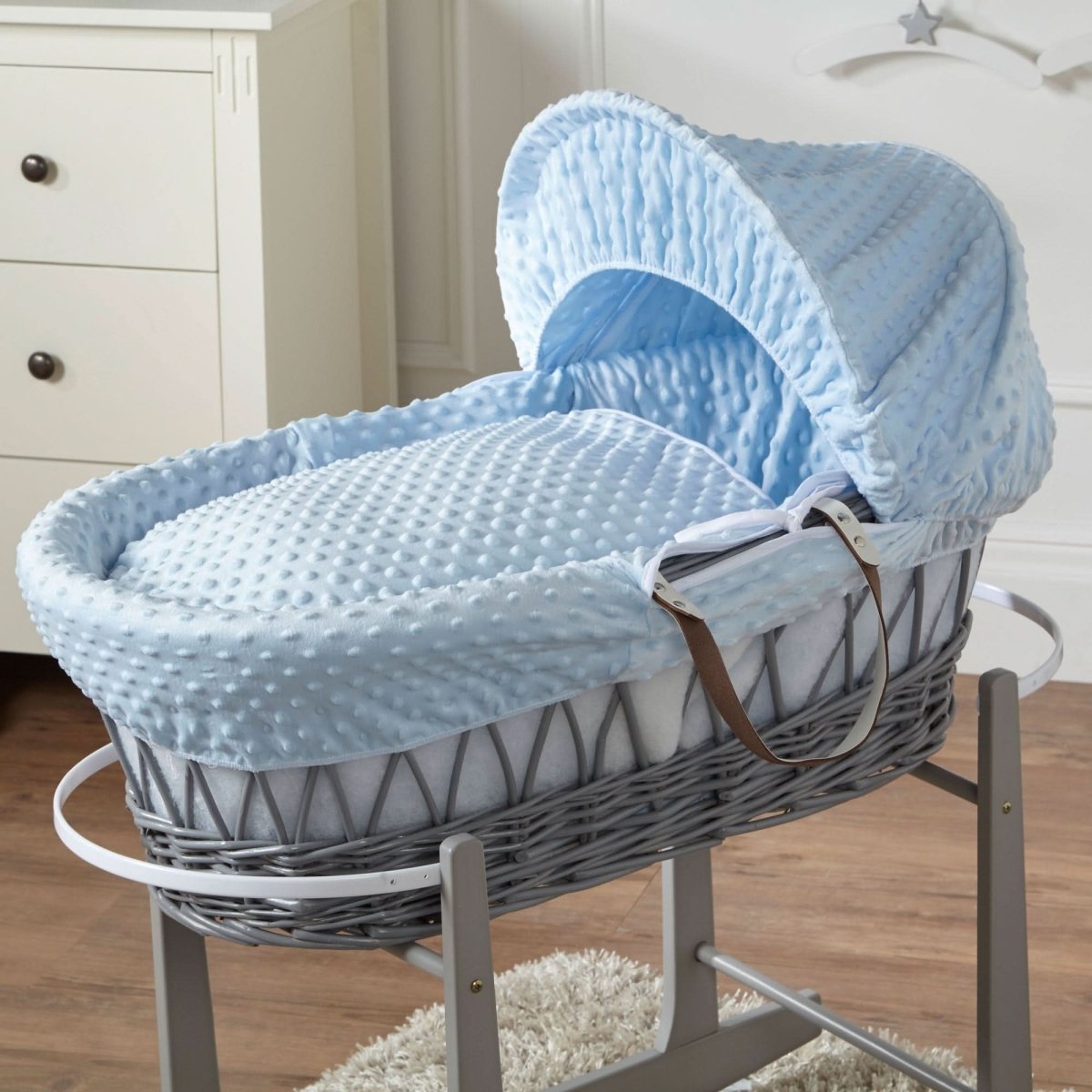 Blue Dimple Grey Wicker Baby Moses Basket With Stand | Luxury Home Accessories | Heulog Glow