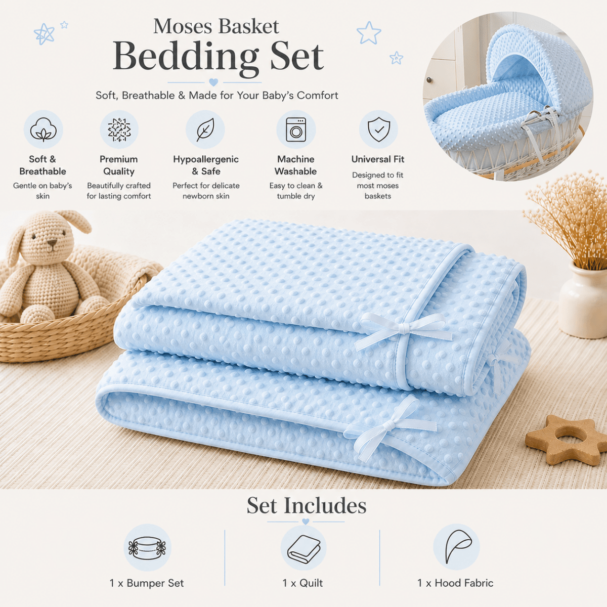 Blue Dimple Moses Basket Bedding Set (Basket Not Included!) | Luxury Home Accessories | Heulog Glow