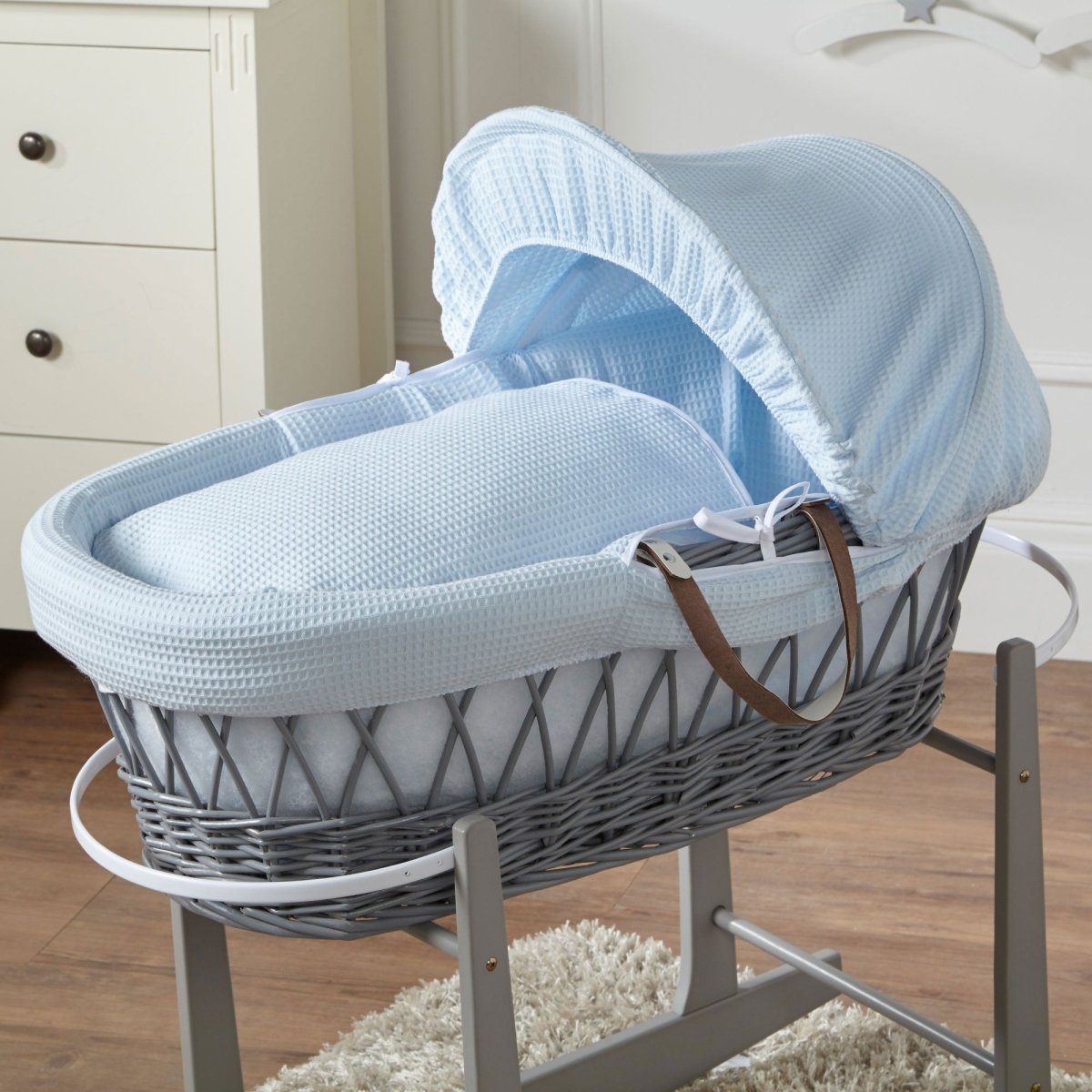 Blue Waffle Grey Wicker Baby Moses Basket With Stand | Luxury Home Accessories | Heulog Glow