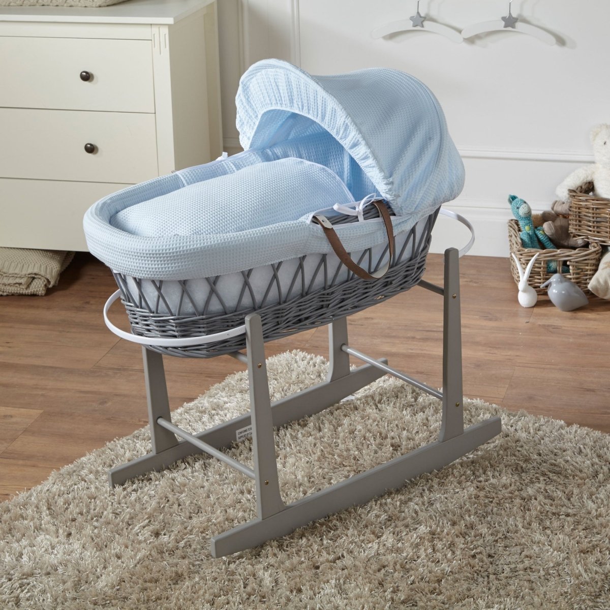 Blue Waffle Grey Wicker Baby Moses Basket With Stand | Luxury Home Accessories | Heulog Glow