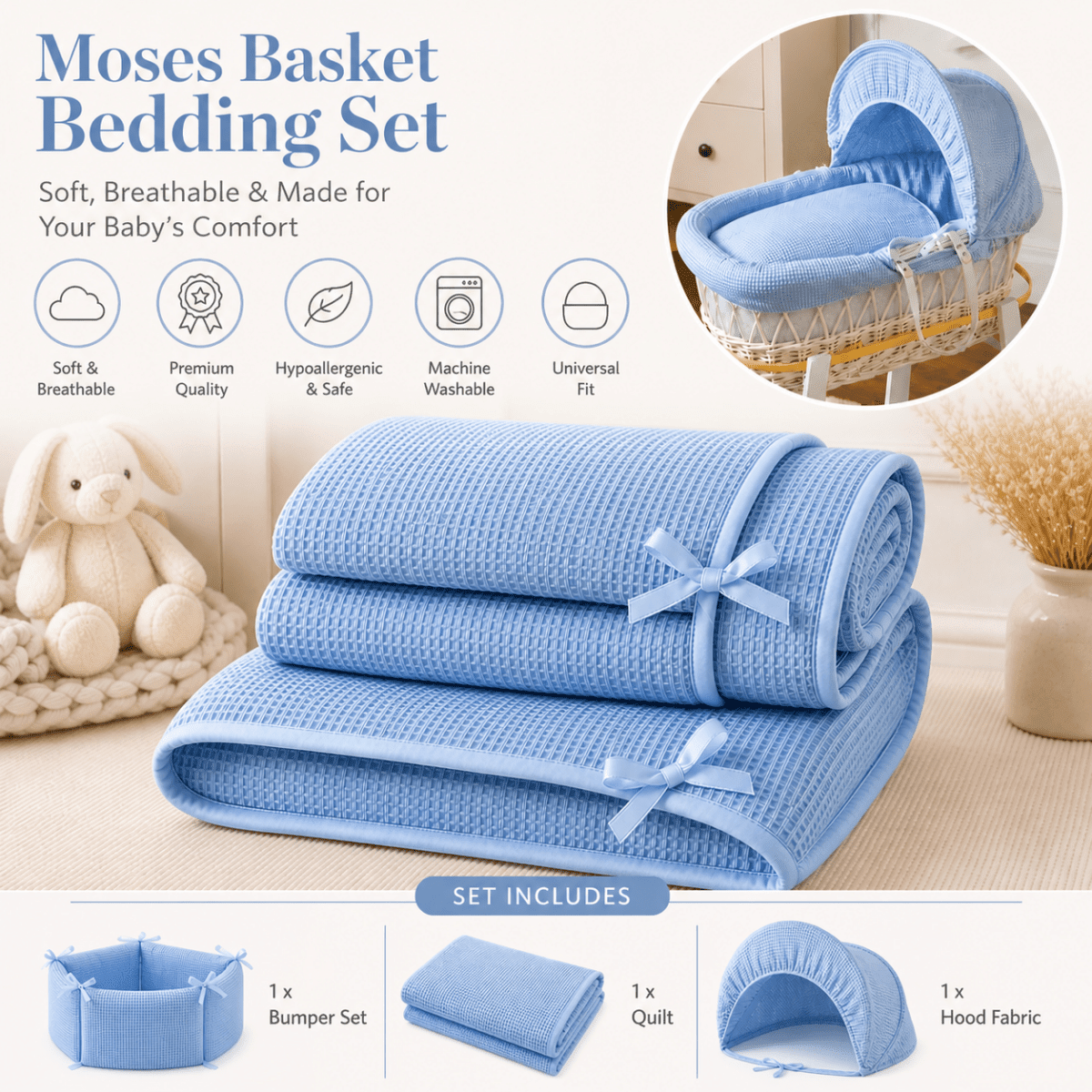 Blue Waffle Moses Basket Bedding Set (Basket Not Included!) | Luxury Home Accessories | Heulog Glow