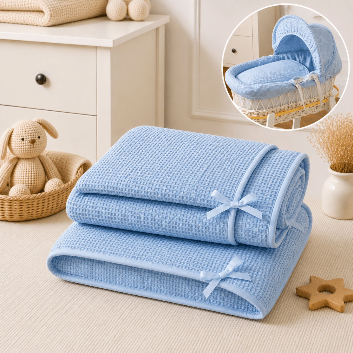 Blue Waffle Moses Basket Bedding Set (Basket Not Included!) | Luxury Home Accessories | Heulog Glow