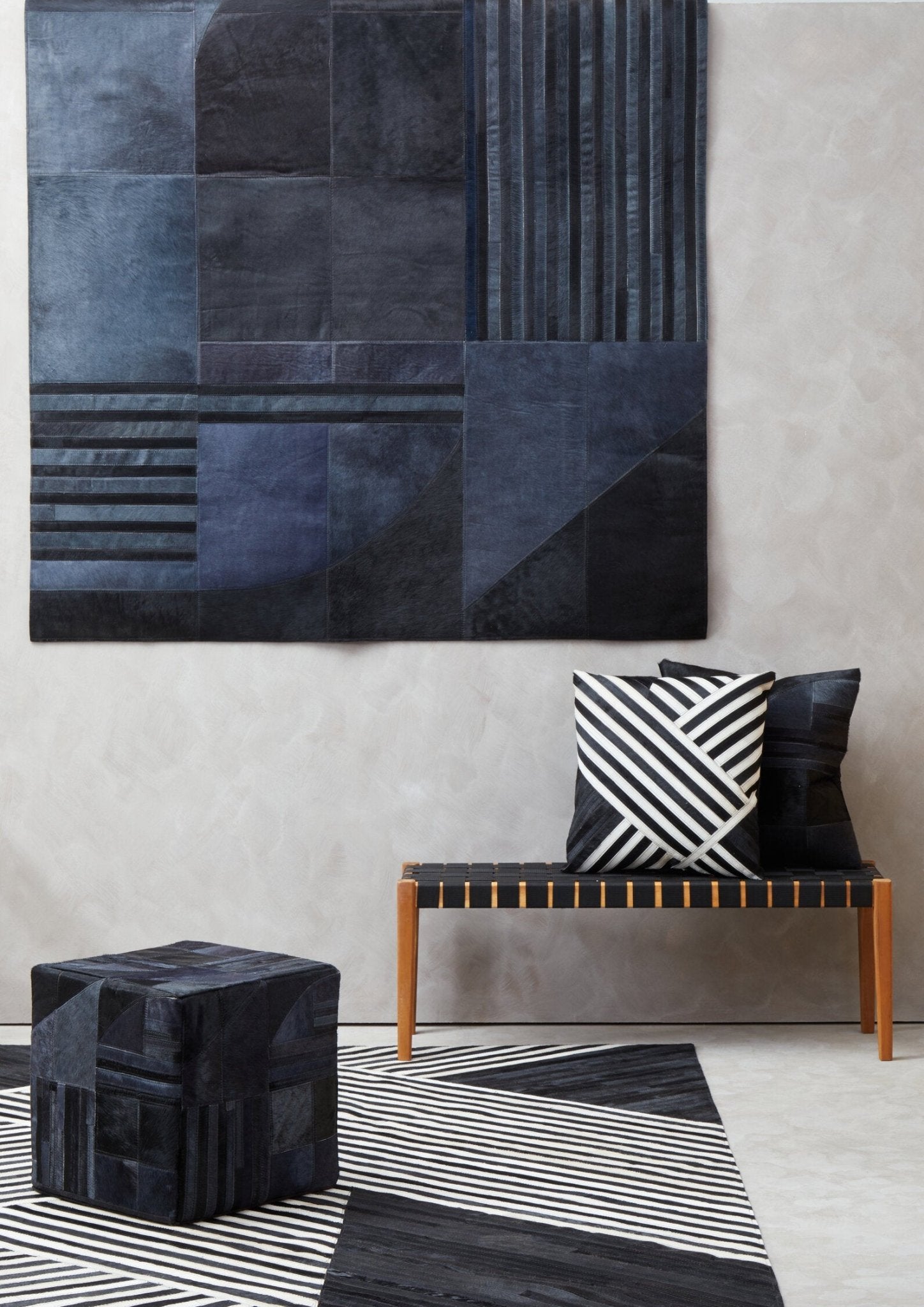 Bosie Safira Black And Grey Deco Hair on Leather Pouffe | Luxury Home Accessories | Heulog Glow