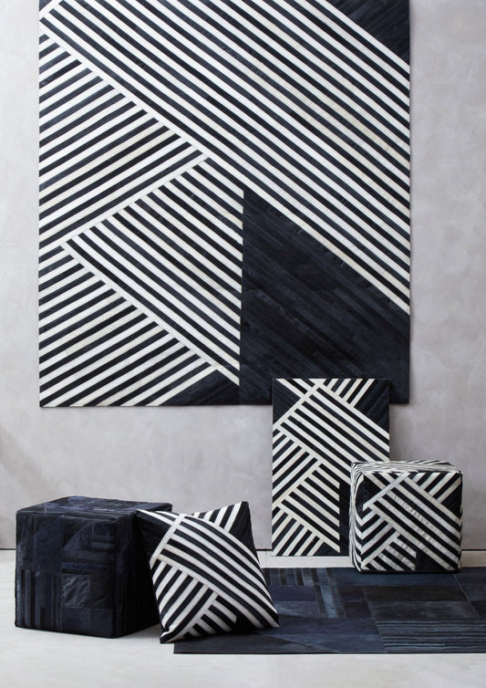 Bosie Safira Black And Grey Deco Hair on Leather Pouffe | Luxury Home Accessories | Heulog Glow