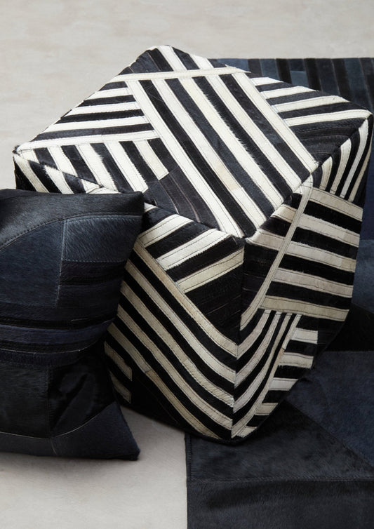 Bosie Safira Black And White Stripe Leather Pouffe | Luxury Home Accessories | Heulog Glow