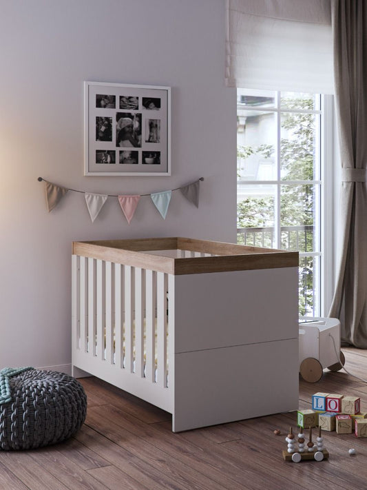 Little Acorns Burlington 3 Piece Nursery Furniture Set with Cot Bed, Dresser and Wardrobe - Cashmere & Truffle Oak