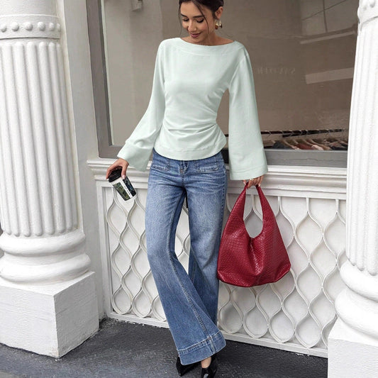 Women's Round-neck Woven Blouse With Flared Long Sleeves