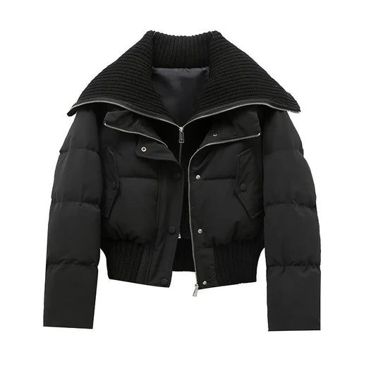 Designer Knit Patchwork Large Lapel Cotton Coat For Women