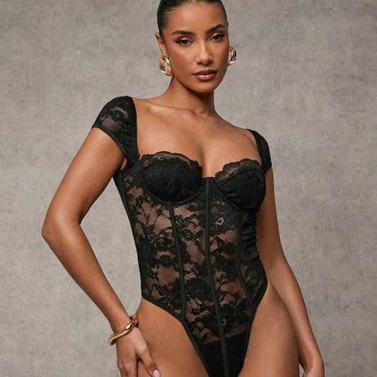 Sexy Short-sleeved Black Square-neck Bodysuit Sheer