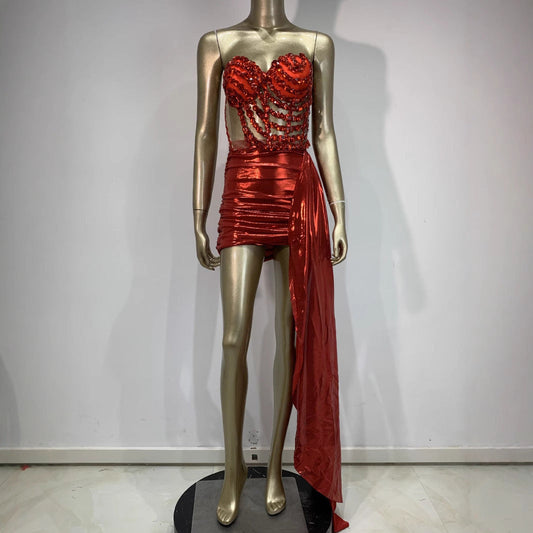 Sexy Skirt Suit Hollow Mesh See-through Banquet Company Party Stage Costume